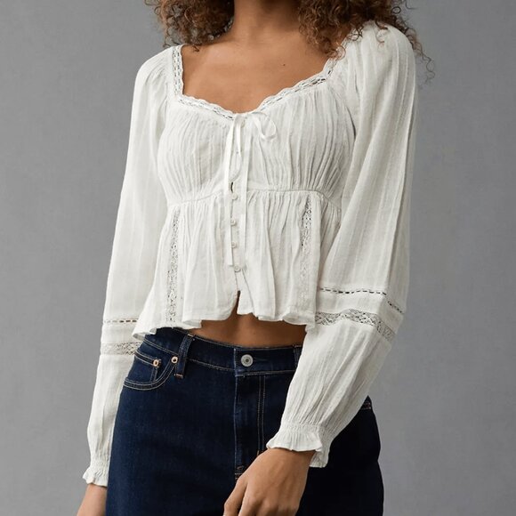 American Eagle Long-Sleeve Babydoll Blouse in White - Picture 1 of 8
